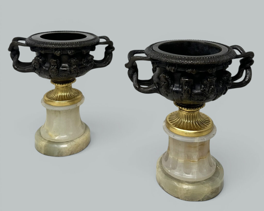 435. Antique Pair French Ormolu Bronze Warwick Albani Grand Tour Vases Urns Clodion