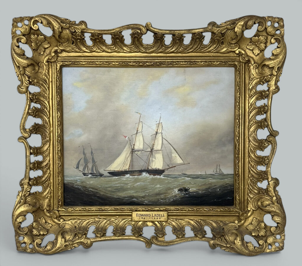 153. Antique English Edwardian Oil Paintings Harbor Scene Seascape Schooner Boats