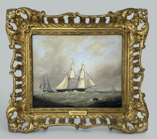 153. Antique English Edwardian Oil Paintings Harbor Scene Seascape Schooner Boats