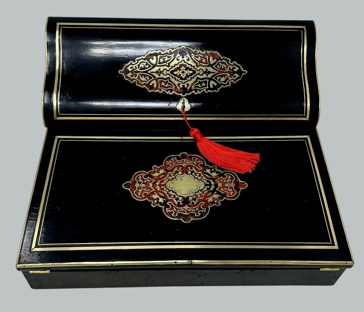 936. Antique French Brass Bound Boulle Desk Wooden Writing Slope ALPHONSE TAHAN Paris - Image 2