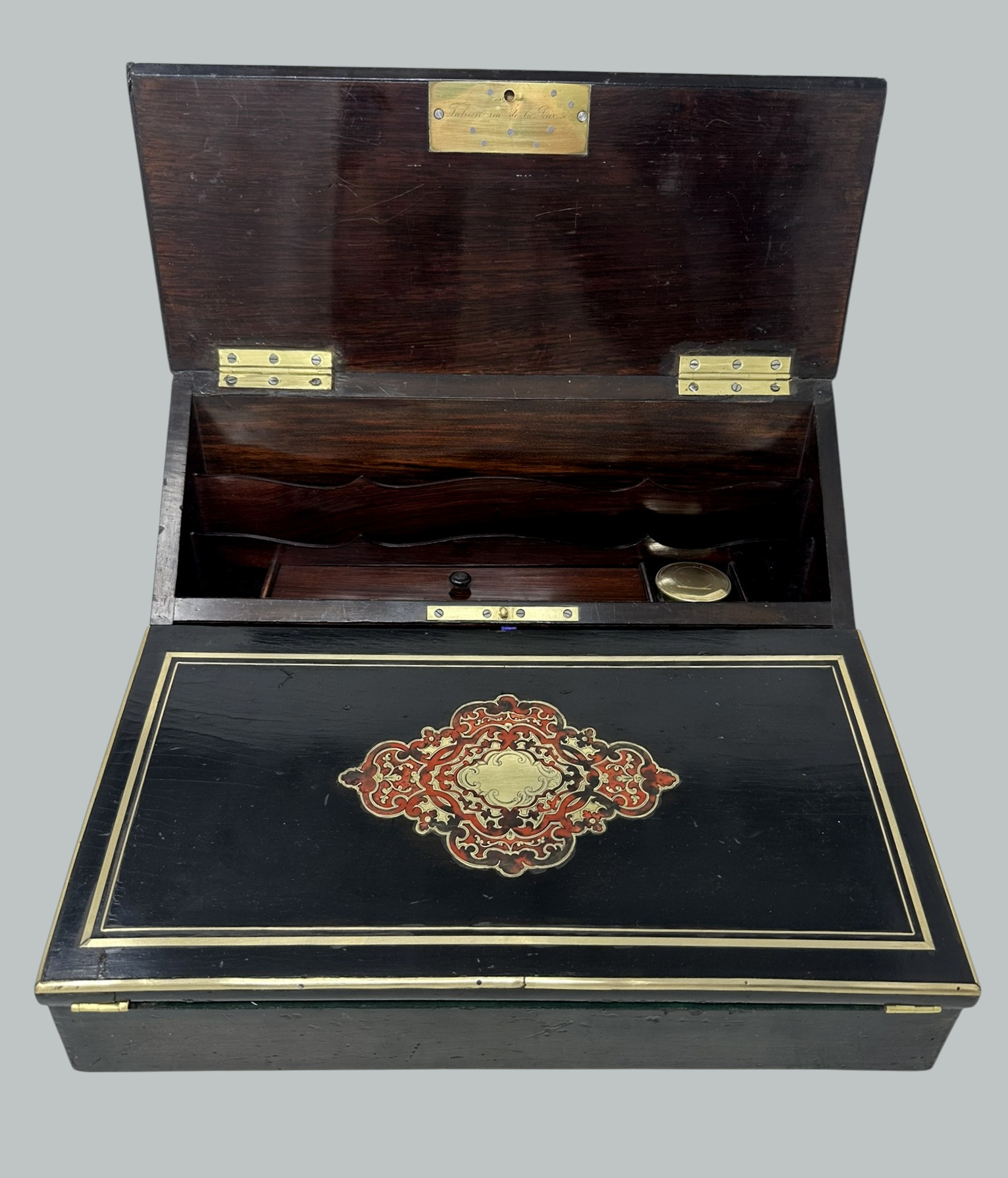936. Antique French Brass Bound Boulle Desk Wooden Writing Slope ALPHONSE TAHAN Paris - Image 3