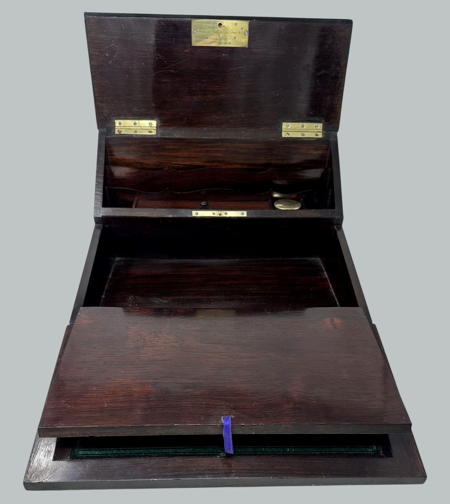 936. Antique French Brass Bound Boulle Desk Wooden Writing Slope ALPHONSE TAHAN Paris - Image 5