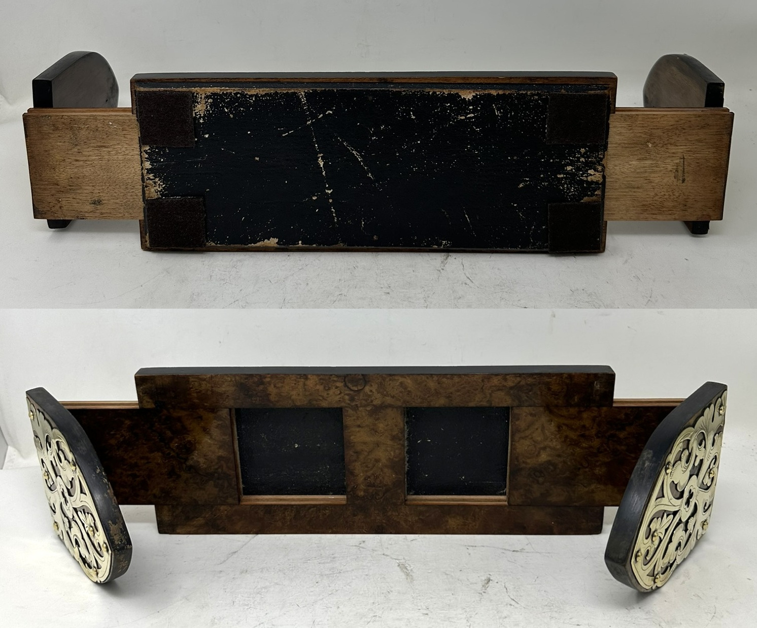 120. Antique Vintage English Burl Walnut Wooden Brass Inlaid Book Slide Bookslide 19C - Image 6