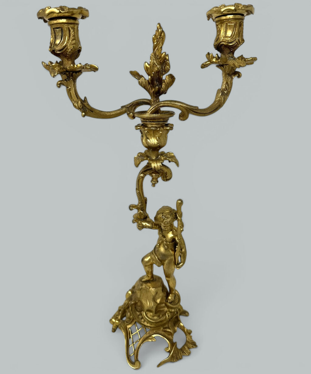 869. Antique Gilt Bronze Ormolu Twin Light Candelabra Candlestick Clodion Grand Tour