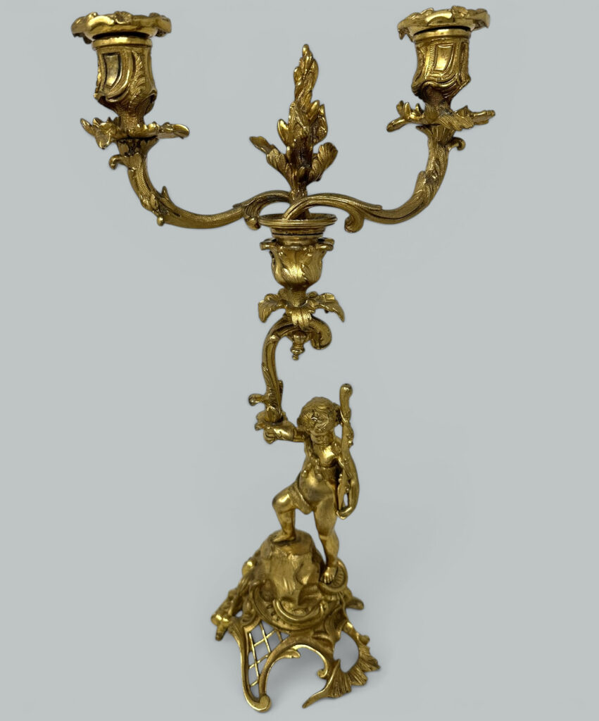869. Antique Gilt Bronze Ormolu Twin Light Candelabra Candlestick Clodion Grand Tour