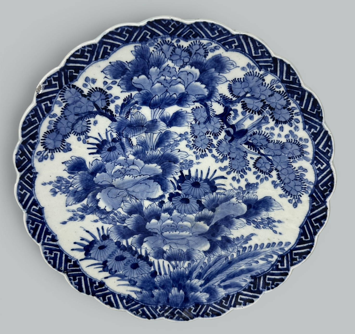 876. Antique Chinese Japanese Blue White Floral Charger Wall Cabinet Plate Meiji 19Ct