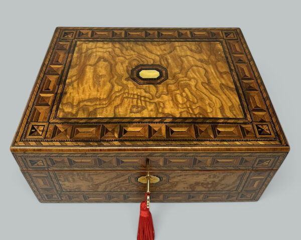 134. SOLD. Antique Vintage English Burl Walnut Wooden Marquetry Victorian Jewelry Box 19Ct