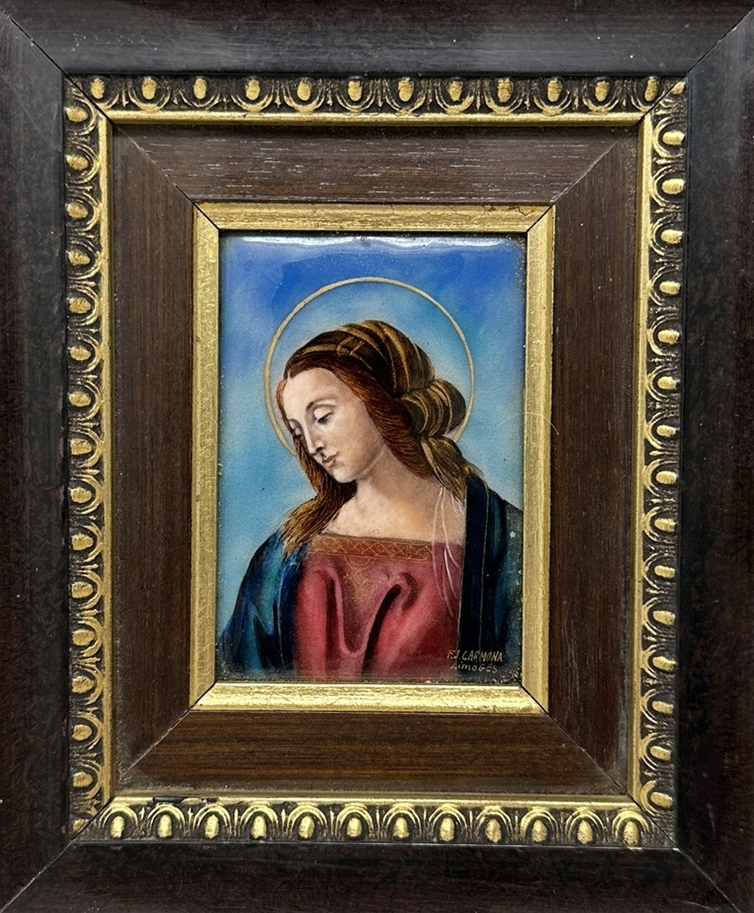 847. Antique Vintage French Religious Enamel on Copper Virgin Mary FJ Carmona Limoges - Image 2