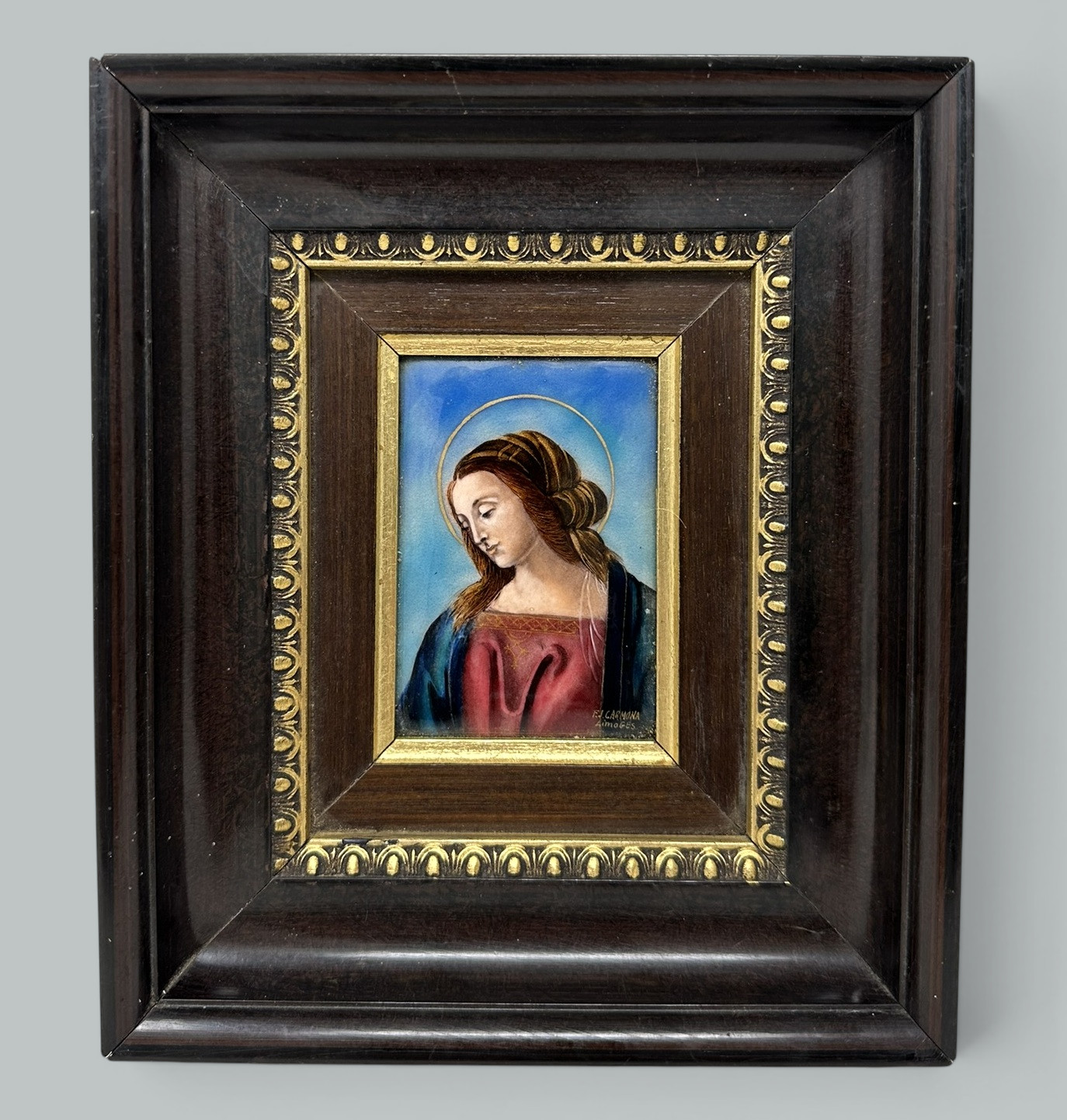 847. Antique Vintage French Religious Enamel on Copper Virgin Mary FJ Carmona Limoges - Image 3