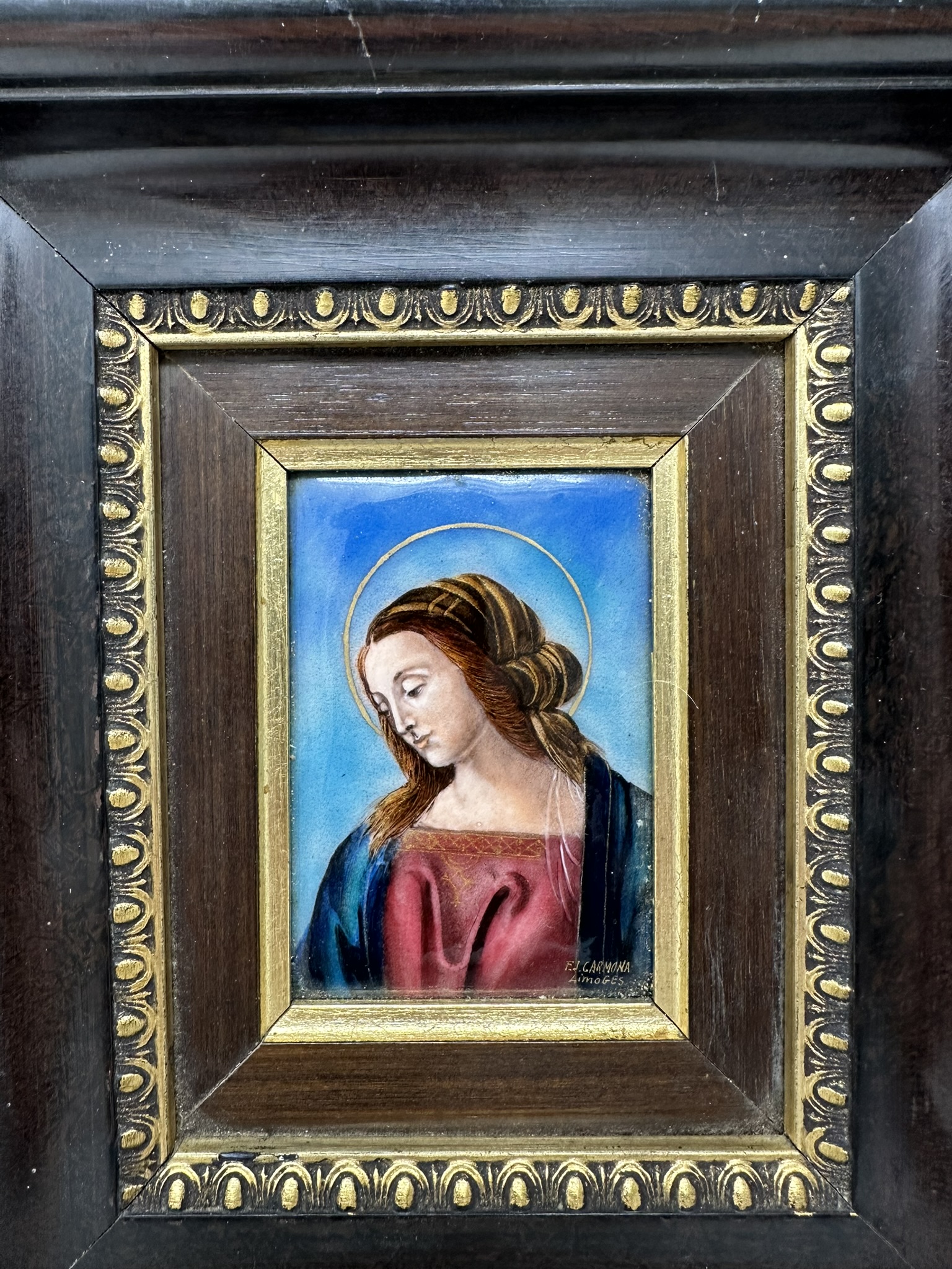 847. Antique Vintage French Religious Enamel on Copper Virgin Mary FJ Carmona Limoges - Image 4
