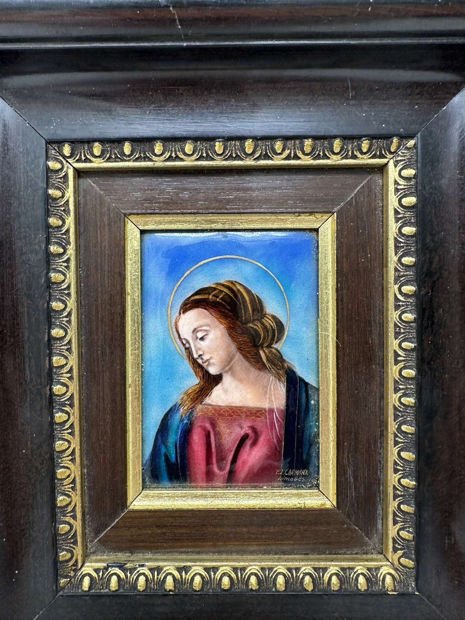 847. Antique Vintage French Religious Enamel on Copper Virgin Mary FJ Carmona Limoges - Image 5