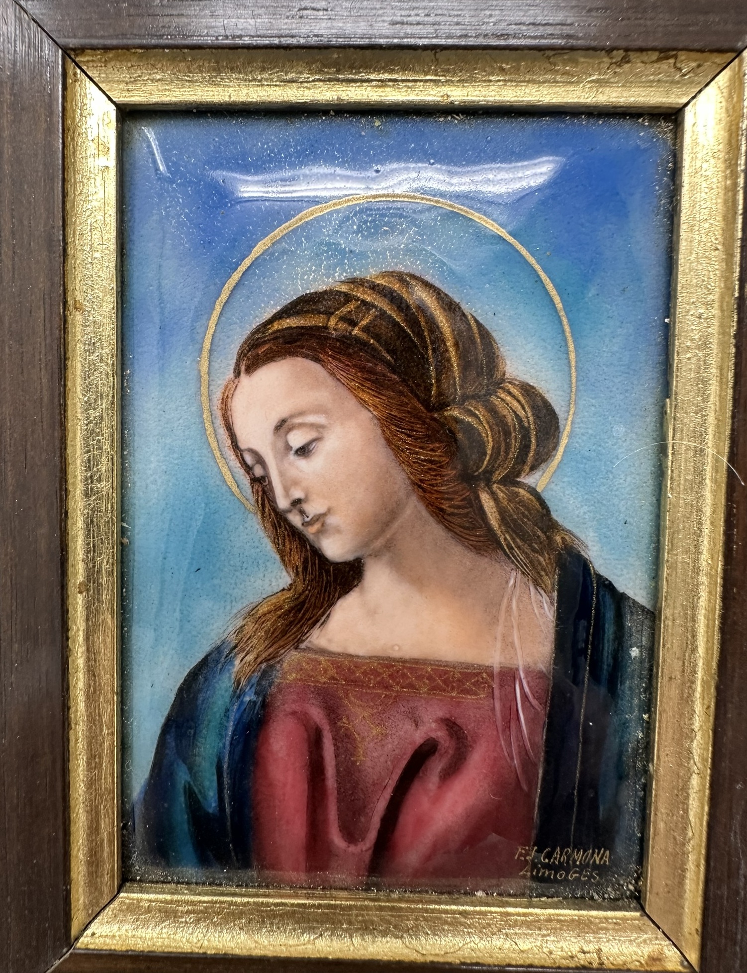 847. Antique Vintage French Religious Enamel on Copper Virgin Mary FJ Carmona Limoges - Image 6