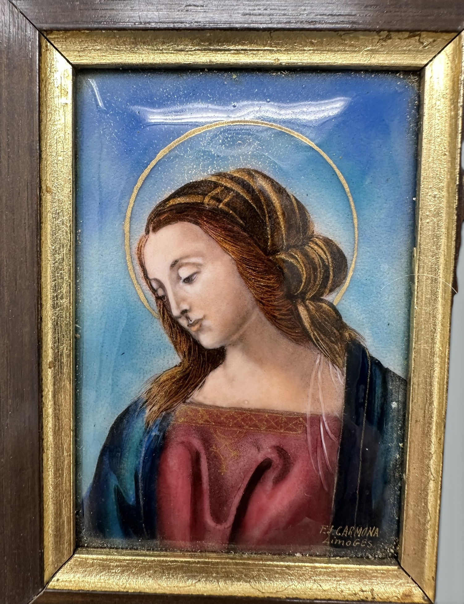 847. Antique Vintage French Religious Enamel on Copper Virgin Mary FJ Carmona Limoges - Image 7