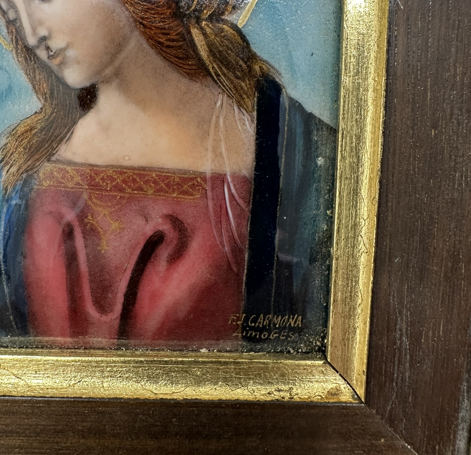 847. Antique Vintage French Religious Enamel on Copper Virgin Mary FJ Carmona Limoges - Image 8