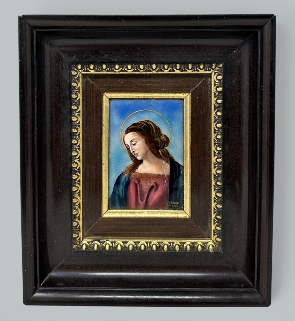 847. Antique Vintage French Religious Enamel on Copper Virgin Mary FJ Carmona Limoges