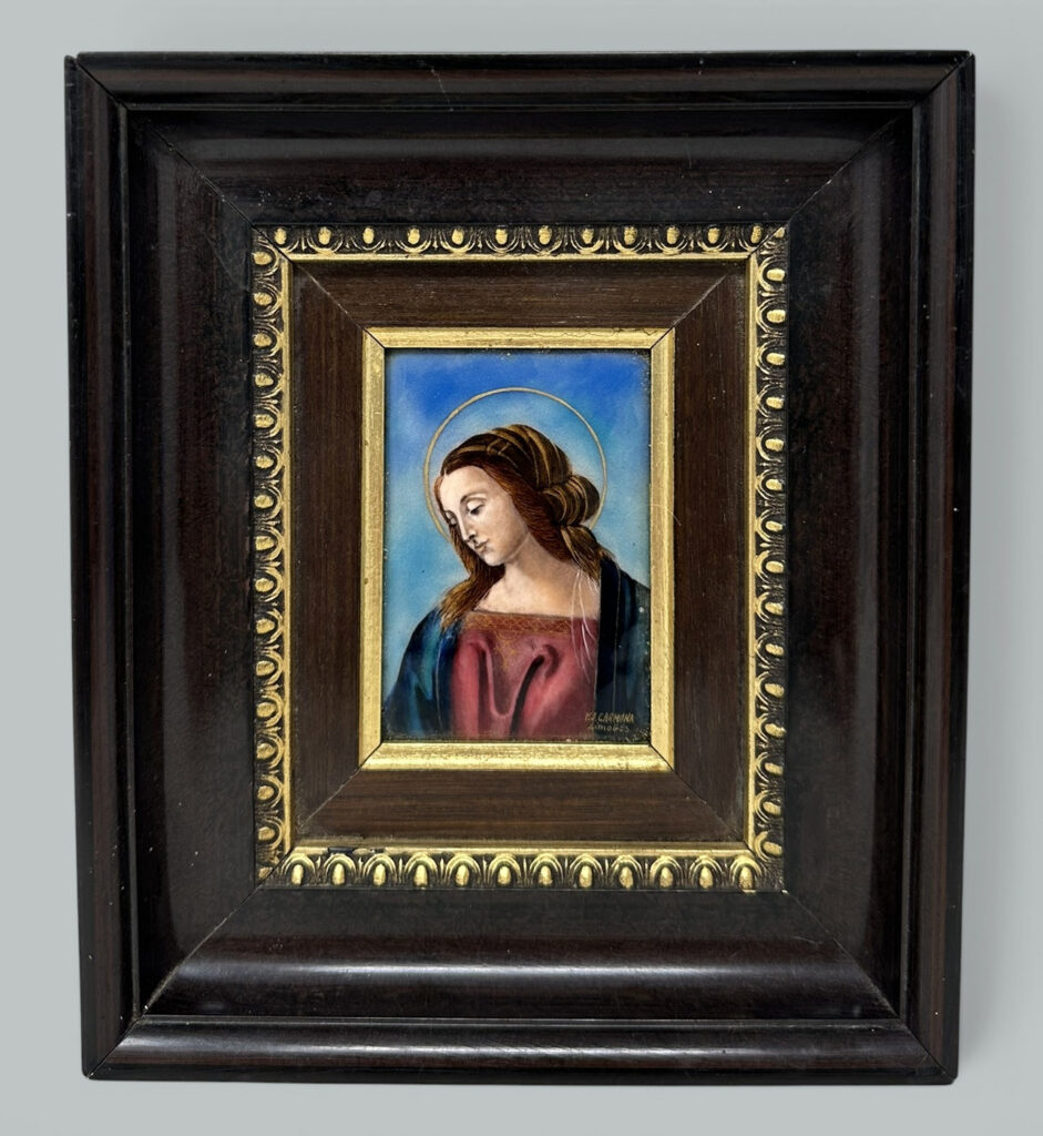 847. Antique Vintage French Religious Enamel on Copper Virgin Mary FJ Carmona Limoges
