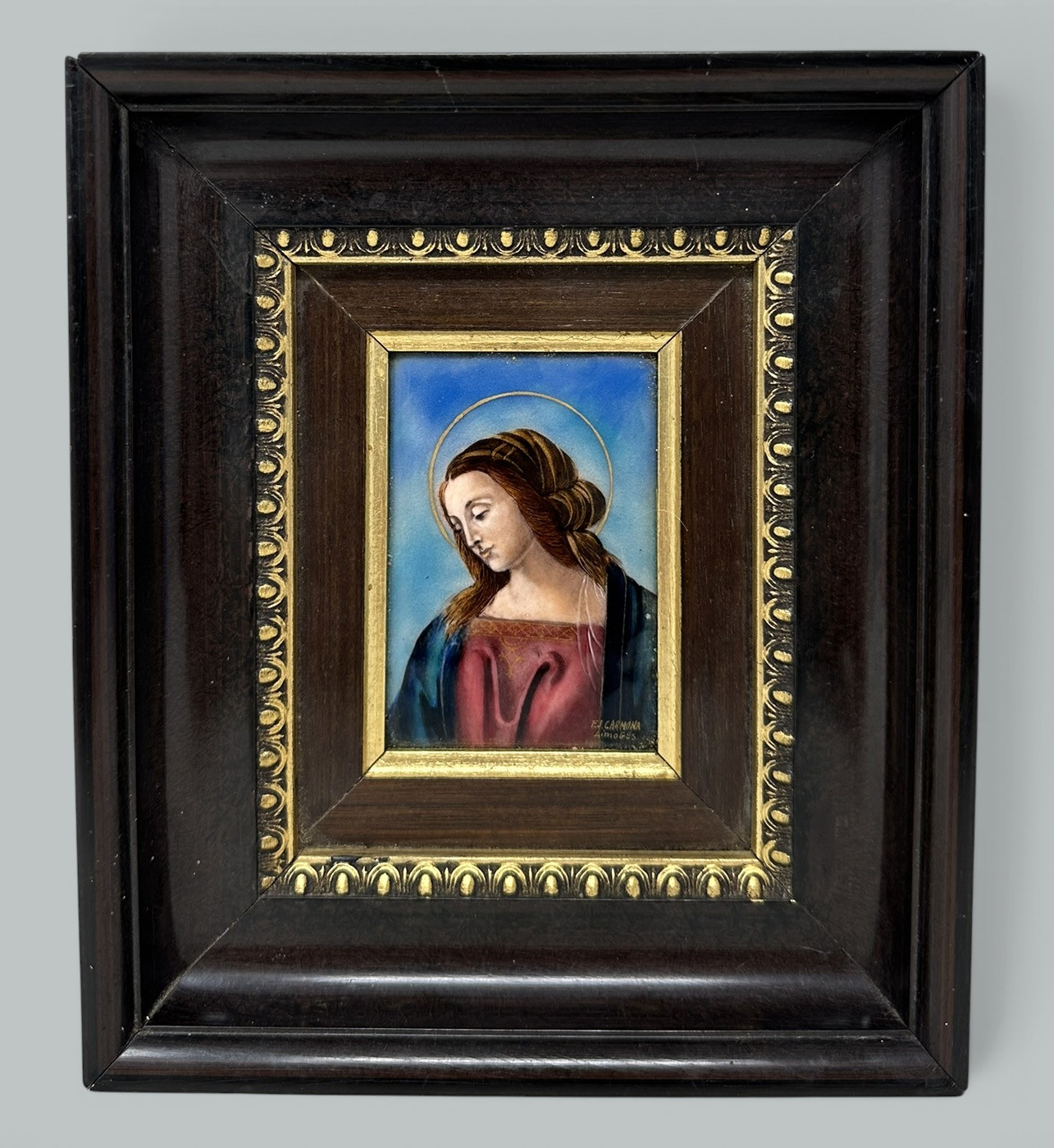847. Antique Vintage French Religious Enamel on Copper Virgin Mary FJ Carmona Limoges