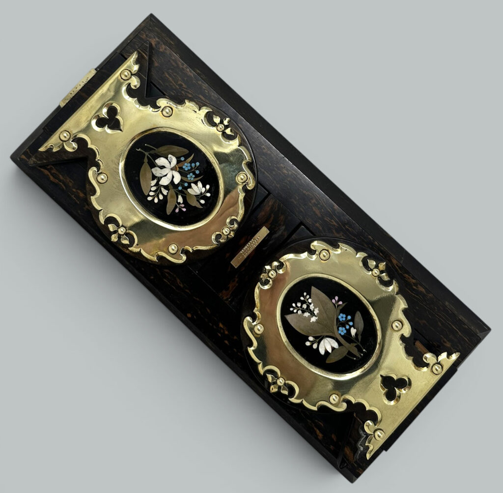 798. Antique Cormandel Wooden Brass Inlaid Book Slide Pietra Dura by George Betjemann