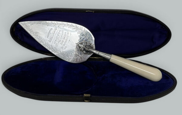 235. Antique English Sterling Silver Brick Layers Trowel Bone Handle Martin Hall 1877