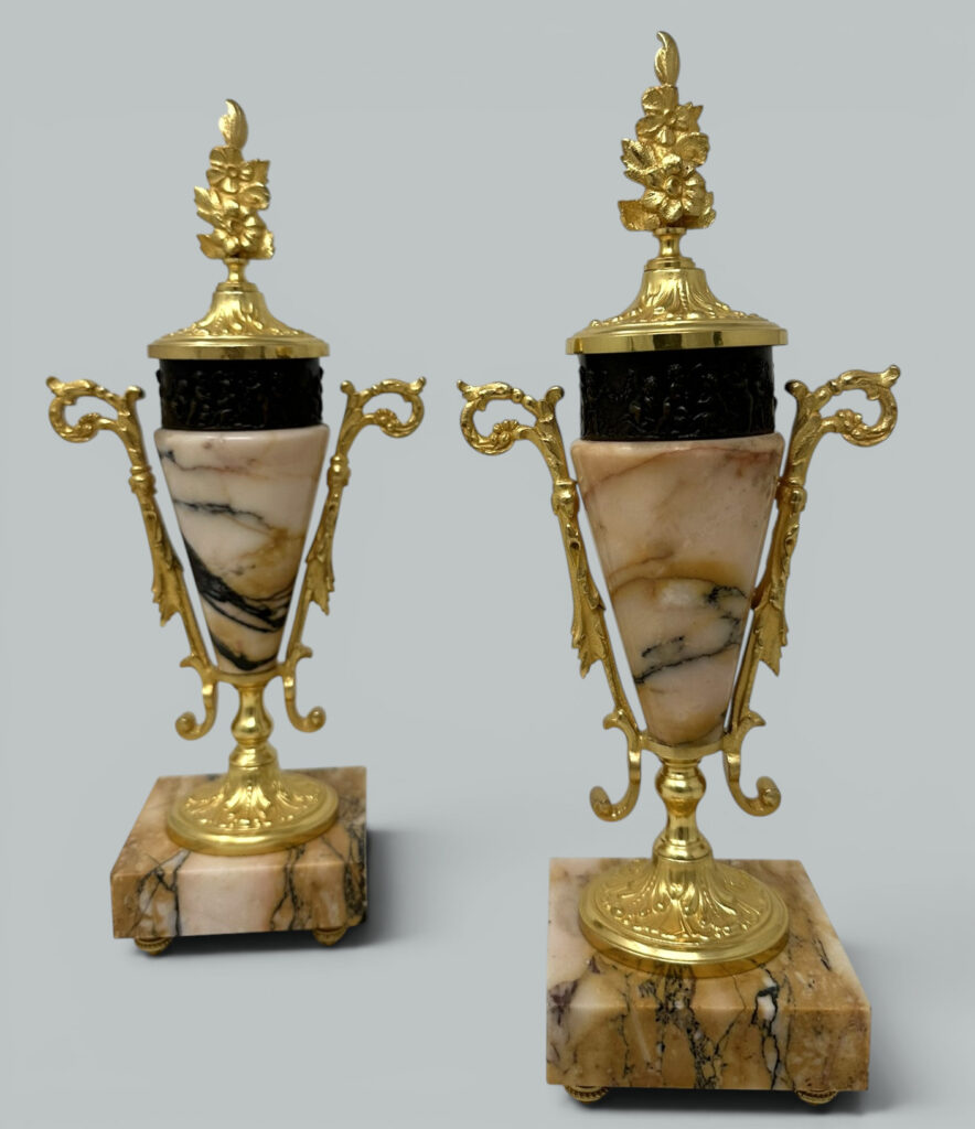 154. Pair French Regency Styl Giallo Sienna Marble Gilt Bronze Cassolettes Urns Vases