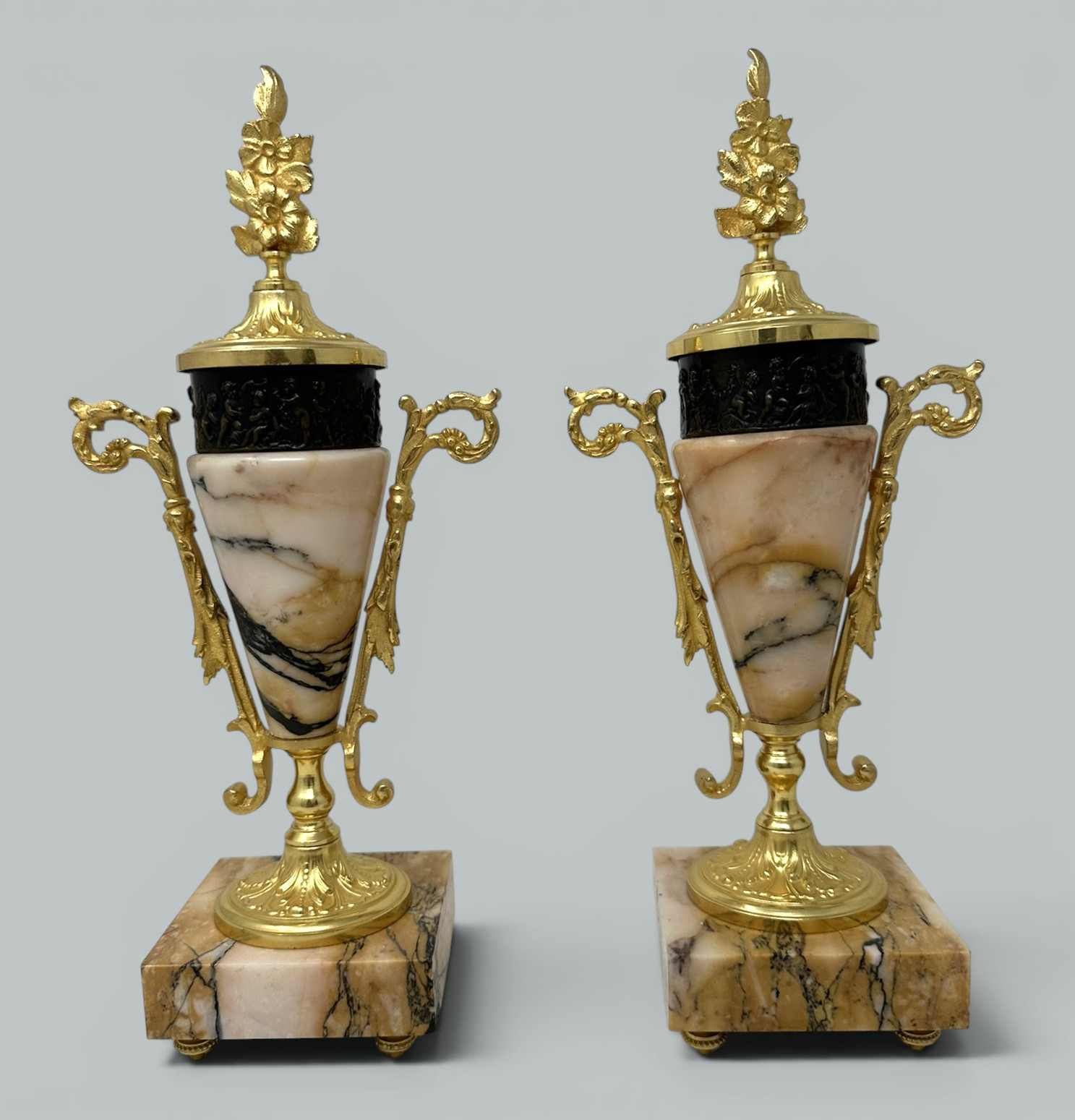 154. Pair French Regency Styl Giallo Sienna Marble Gilt Bronze Cassolettes Urns Vases - Image 4
