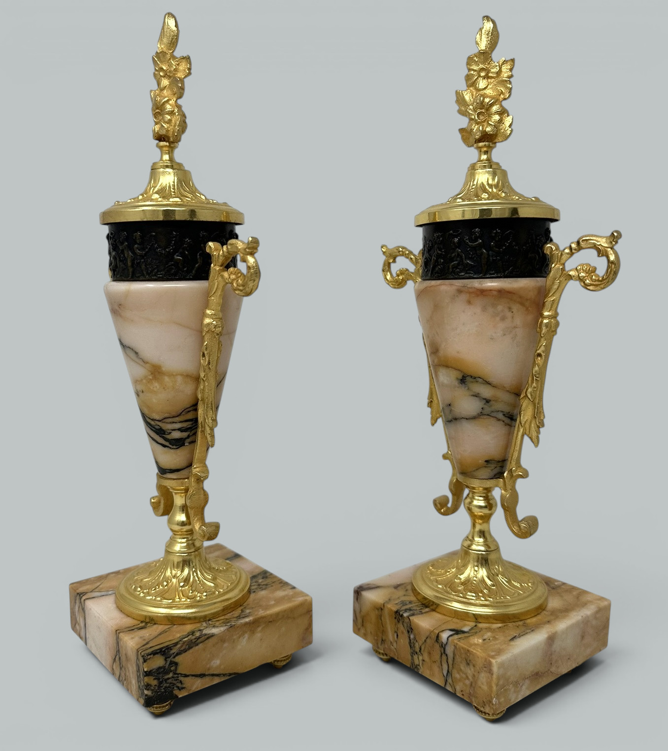 154. Pair French Regency Styl Giallo Sienna Marble Gilt Bronze Cassolettes Urns Vases - Image 5