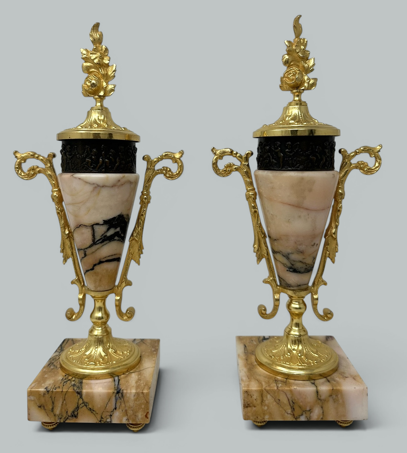 154. Pair French Regency Styl Giallo Sienna Marble Gilt Bronze Cassolettes Urns Vases - Image 6