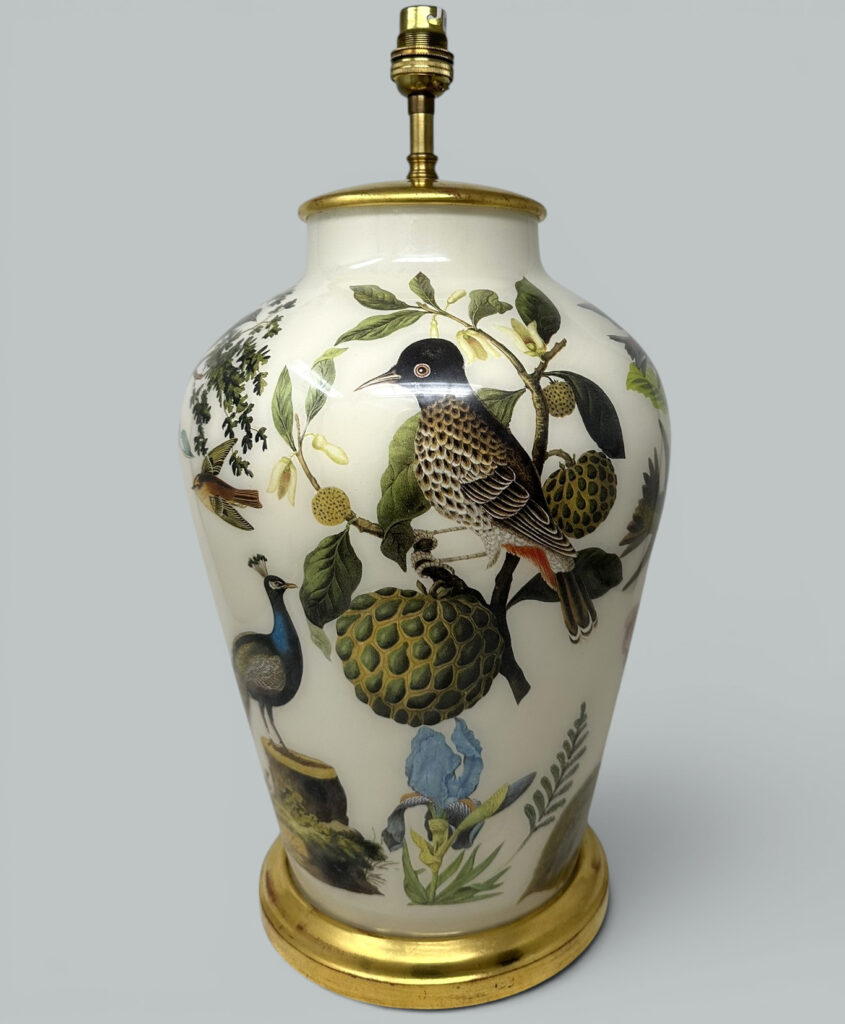 367. Antique French Hand Painted Still Life Birds Ormolu Table Lamp Bronze Mid Century