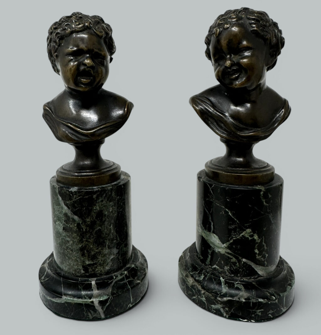 277. Antique Pair French Bronze Marble Busts Grand Tour attribJean Antoine Houdon 19C