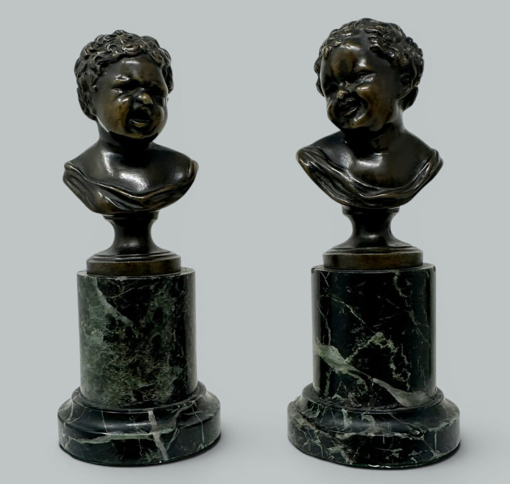 277. Antique Pair French Bronze Marble Busts Grand Tour attribJean Antoine Houdon 19C
