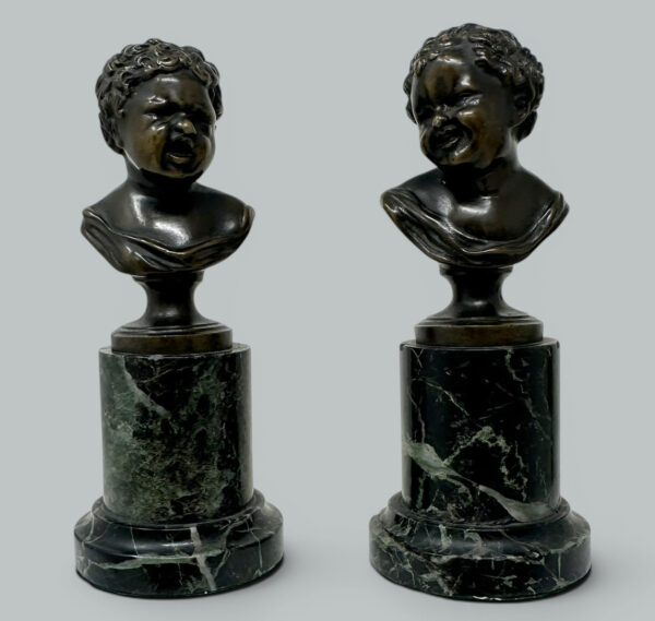 277. Antique Pair French Bronze Marble Busts Grand Tour attribJean Antoine Houdon 19C