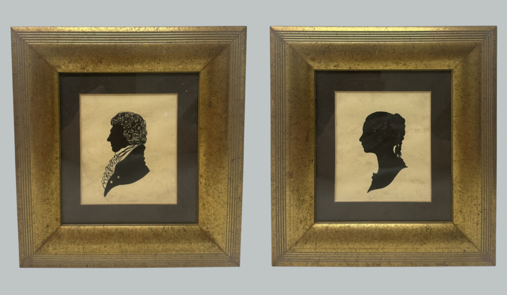 515. Antique Pair English Watercolor Paintings Silhouettes Giltwood Frames 19 Centry