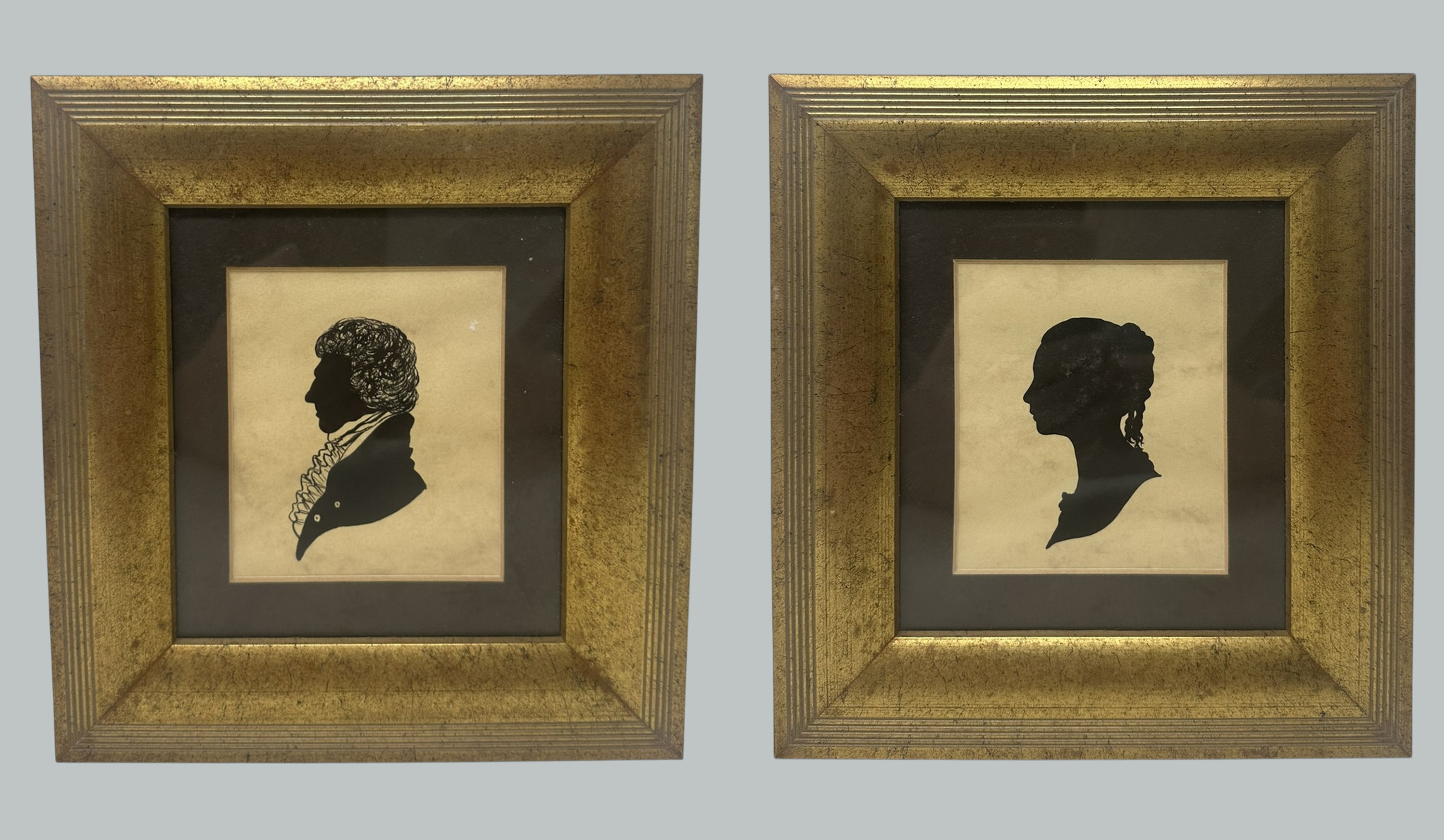 515. Antique Pair English Watercolor Paintings Silhouettes Giltwood Frames 19 Centry