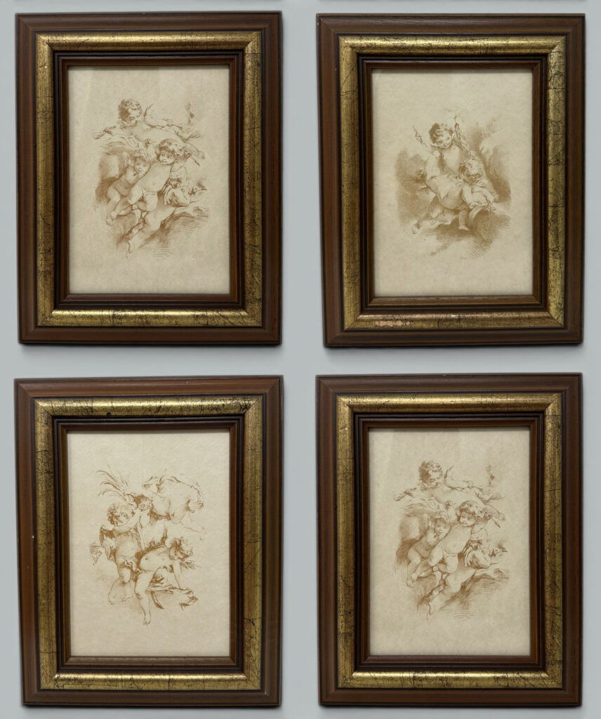 095. Antique Vintage Set Four French Sepia Style of Francois Boucher Giltwood Frames