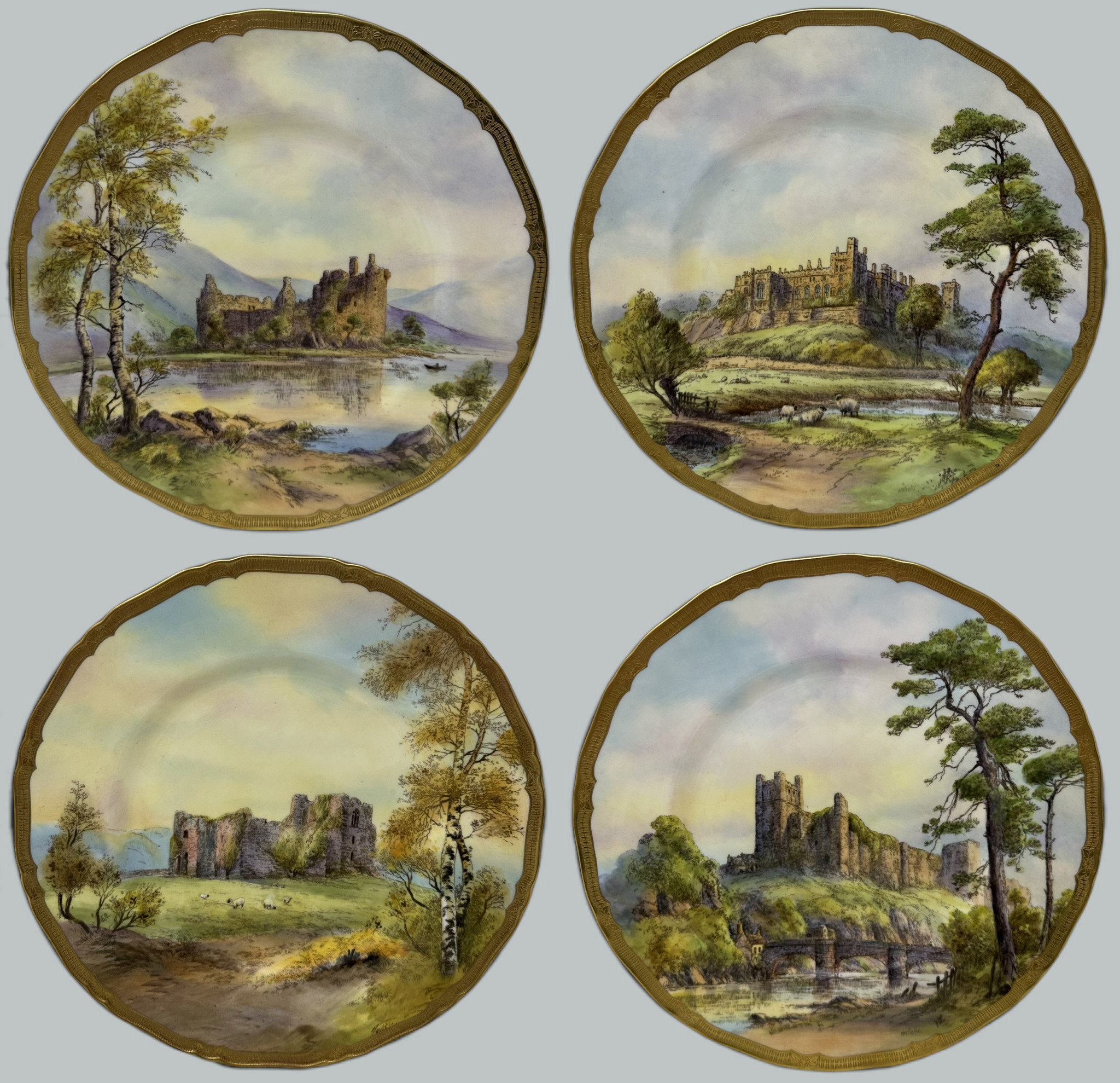 091. Royal Worcester Cabinet Plate Richmond Arundel Kilchurn Oystermouth Castle Views