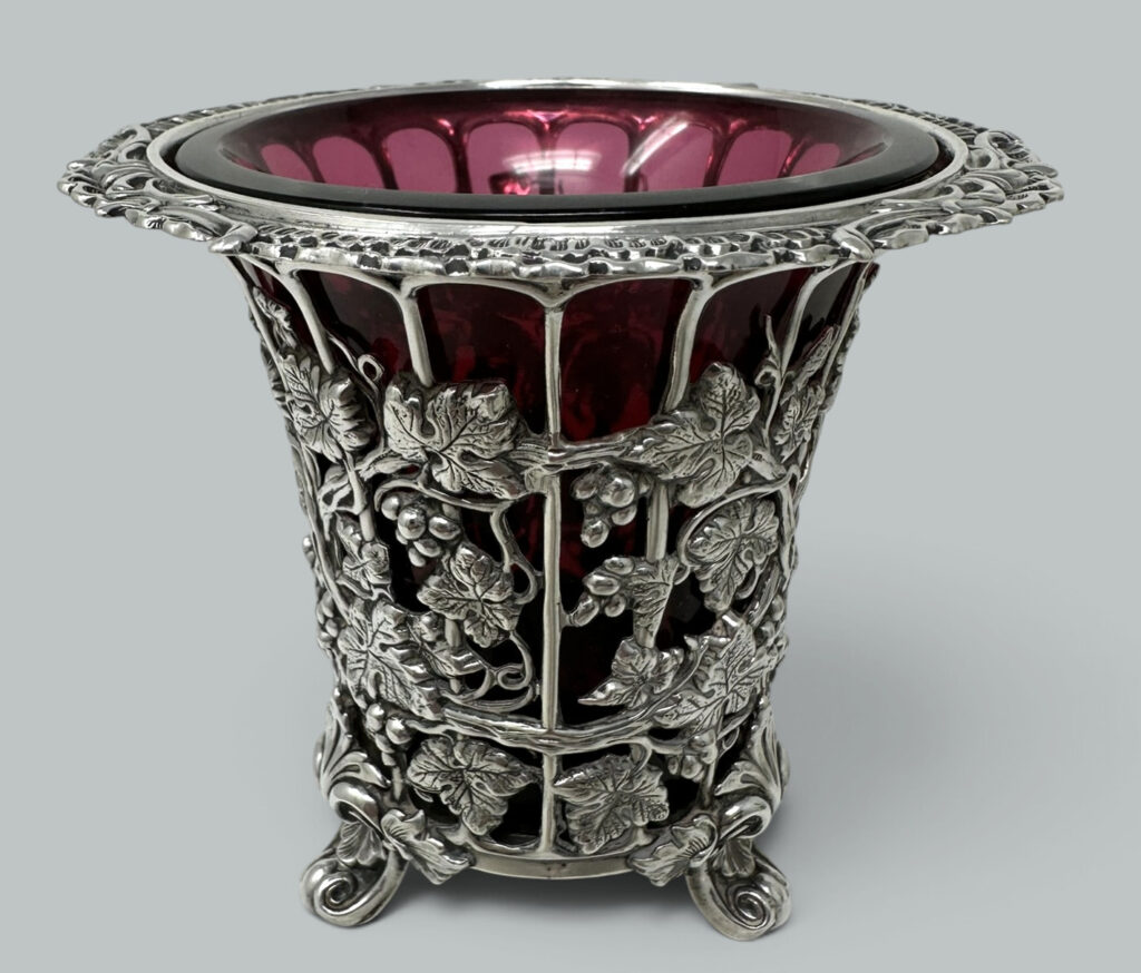157. Antique French Sterling Silver Vase Centerpiece Cranberry Glass pos Baccarat 19C