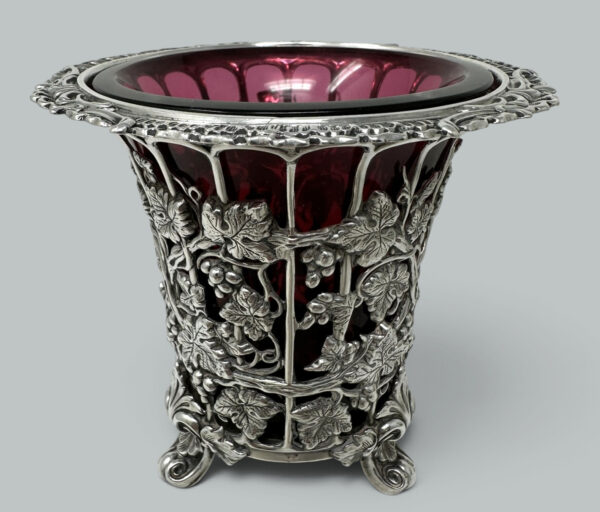 157. Antique French Sterling Silver Vase Centerpiece Cranberry Glass pos Baccarat 19C
