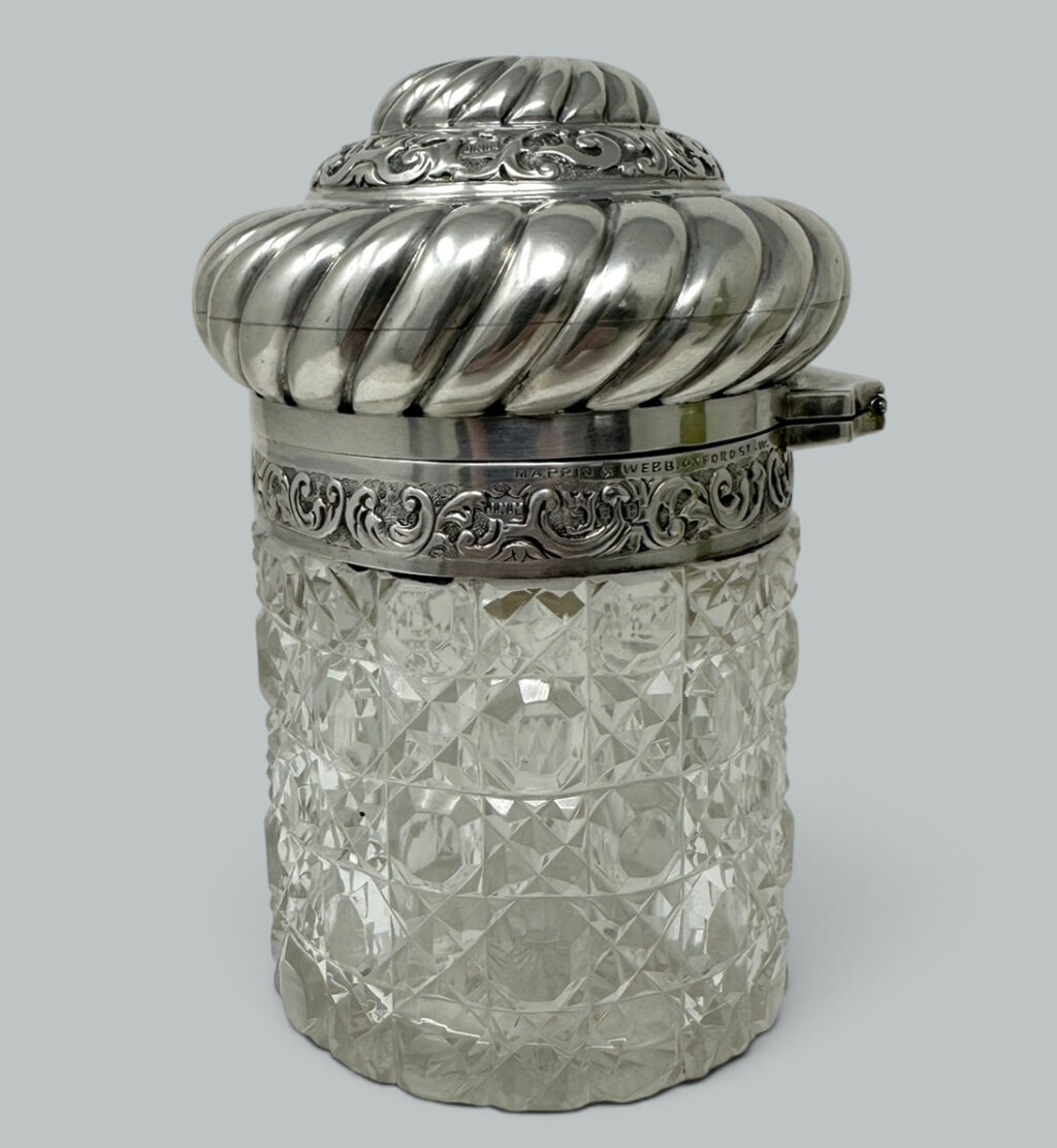 489. Antique Sterling Silver Jar Centerpiece Mappin Webb Hand Cut Led Crystal Glass