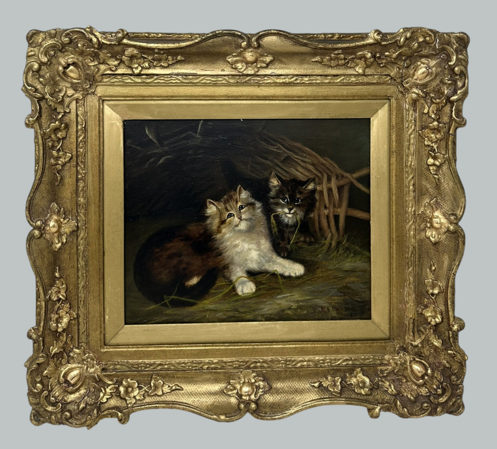 221. Antique English Edwardian Oil Painting on Canvas Cats Kittens at Play dated 1907