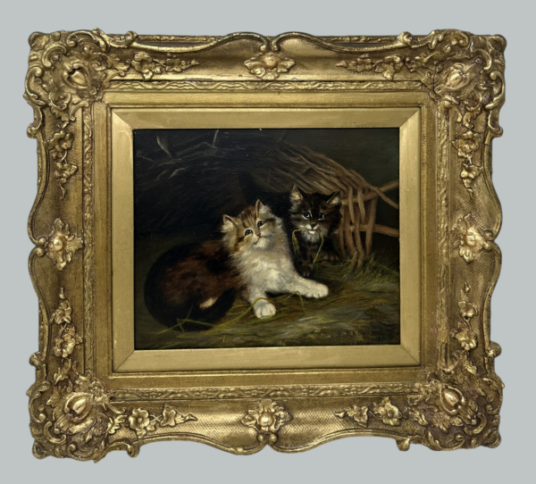 221. Antique English Edwardian Oil Painting on Canvas Cats Kittens at Play dated 1907