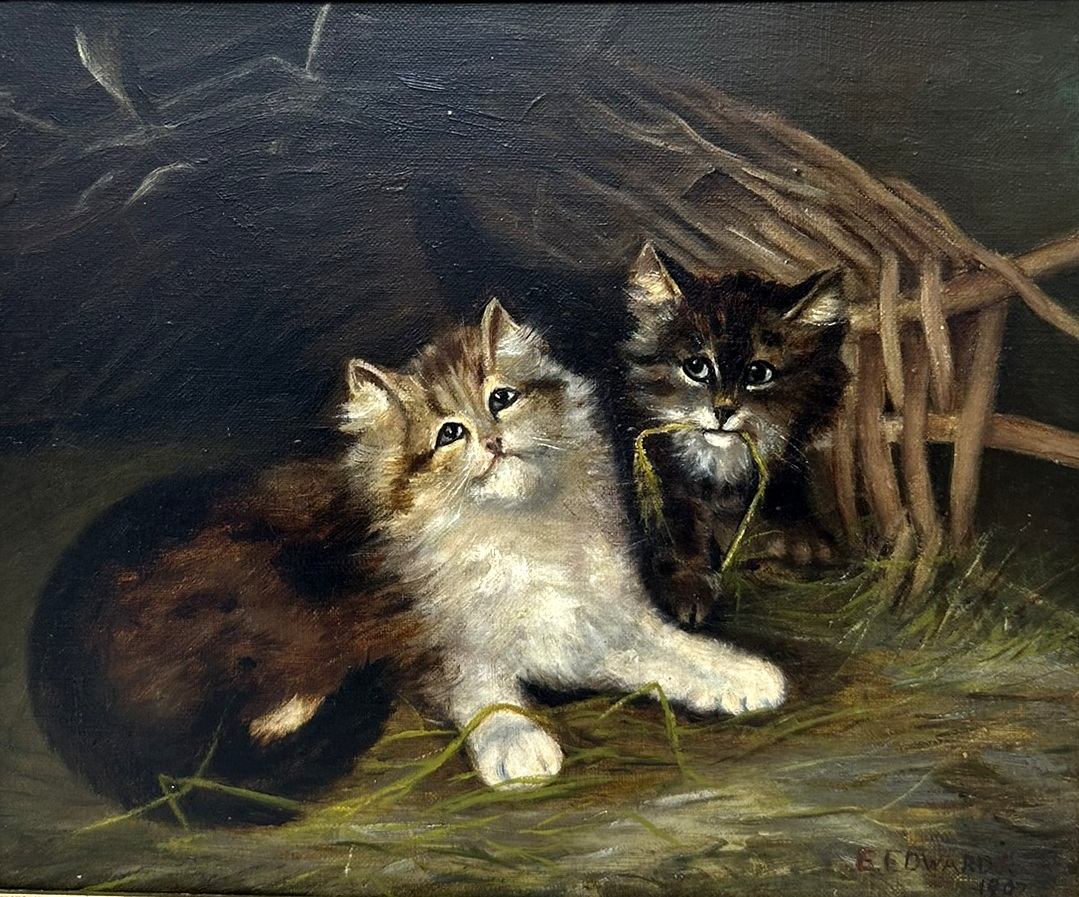 221. Antique English Edwardian Oil Painting on Canvas Cats Kittens at Play dated 1907 - Image 3