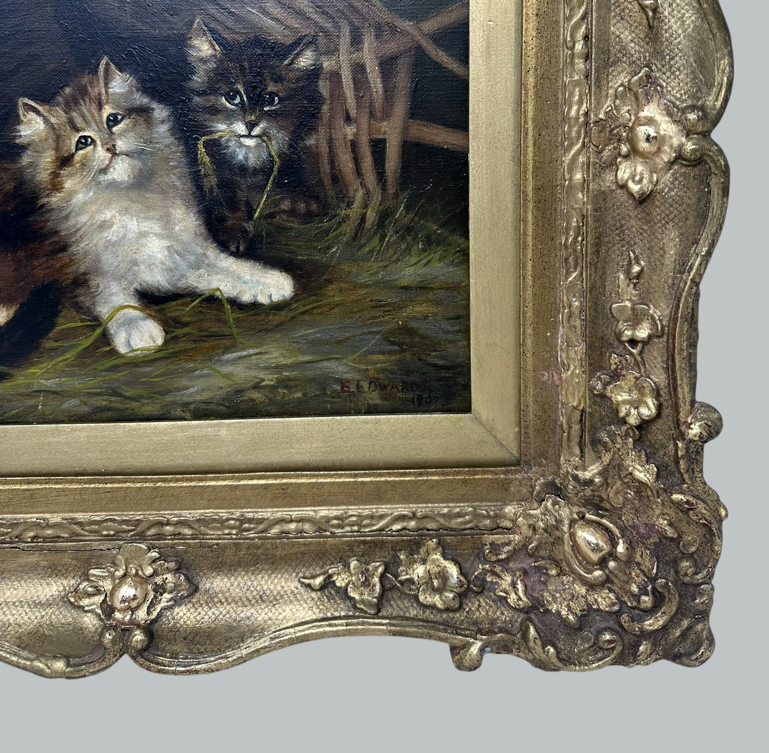 221. Antique English Edwardian Oil Painting on Canvas Cats Kittens at Play dated 1907 - Image 4