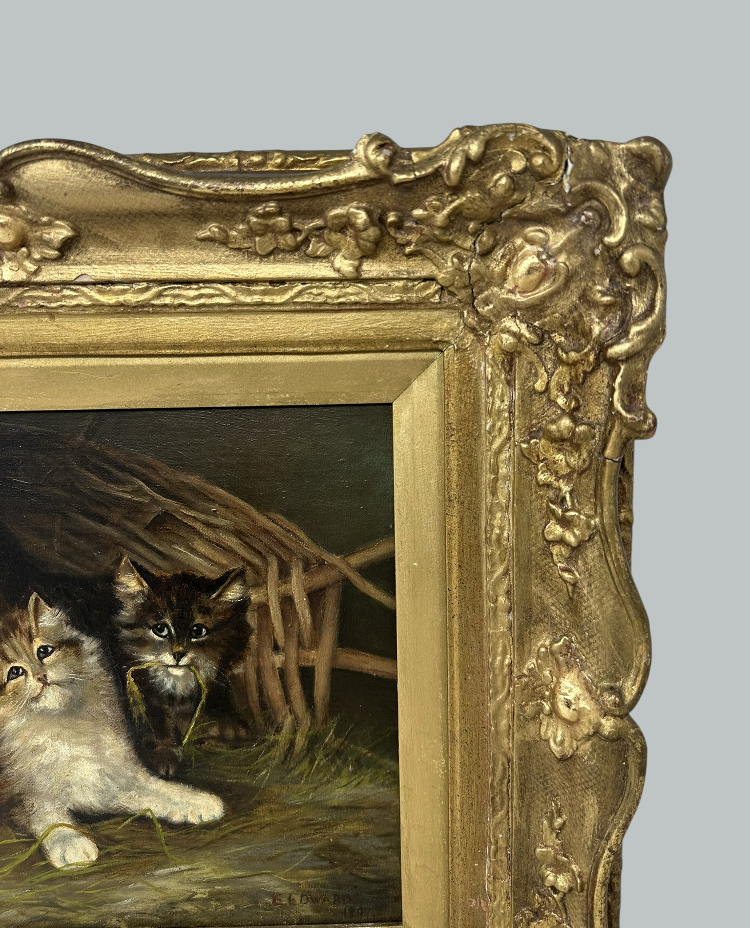 221. Antique English Edwardian Oil Painting on Canvas Cats Kittens at Play dated 1907 - Image 5