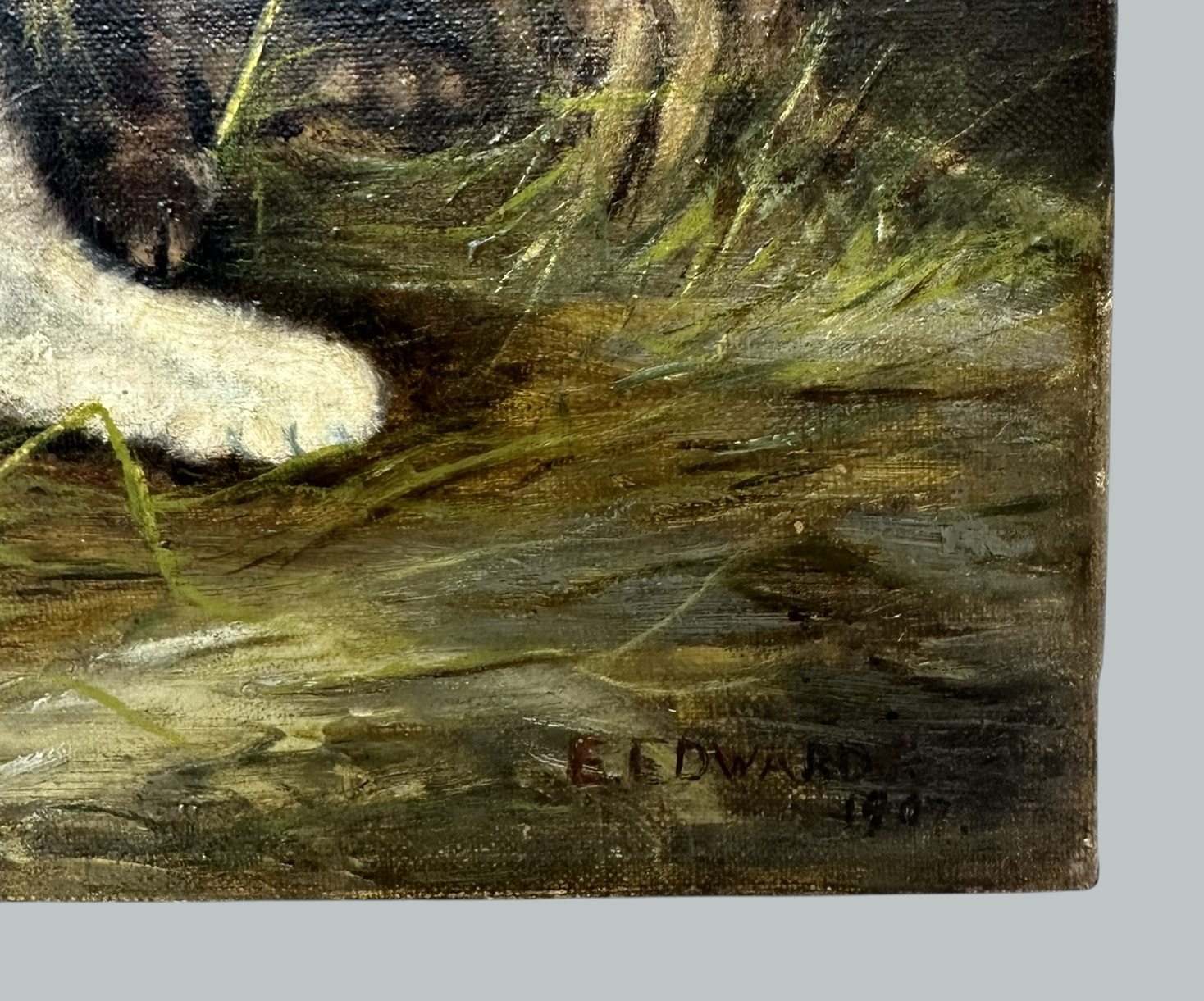 221. Antique English Edwardian Oil Painting on Canvas Cats Kittens at Play dated 1907 - Image 8