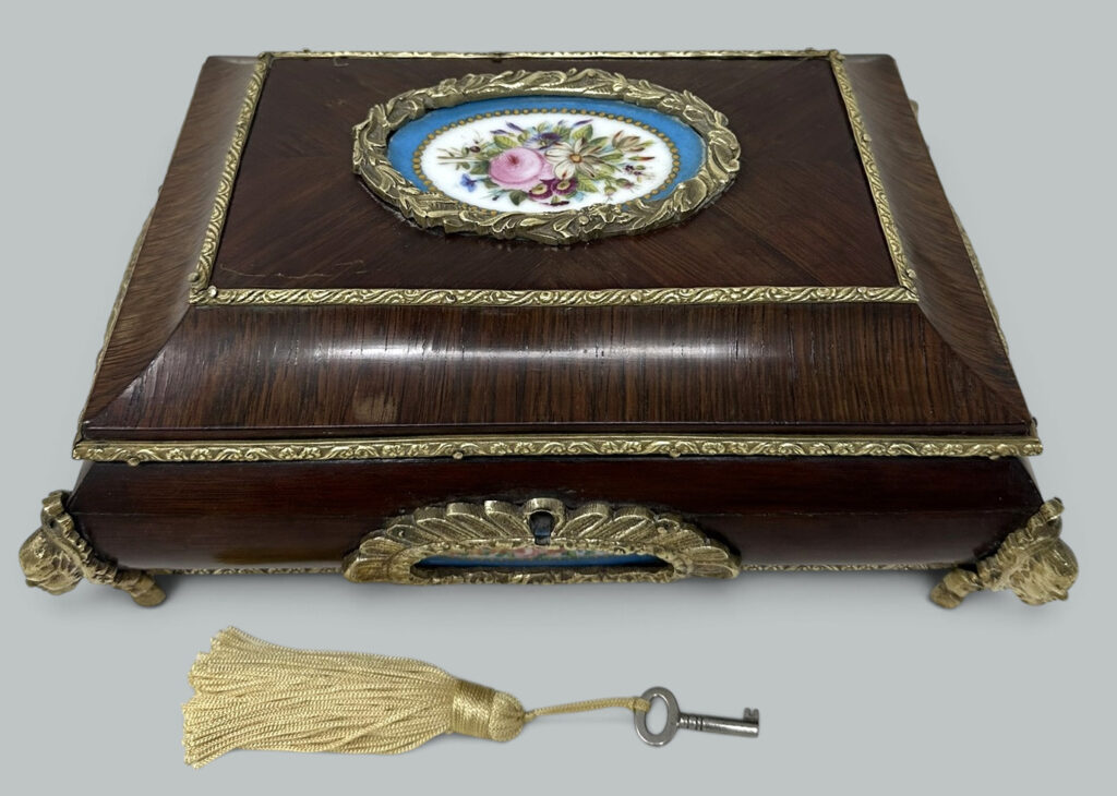 471. ntique French Sevres Porcelain Jewelry Wooden Regency Jewellery Box Casket 19Ct