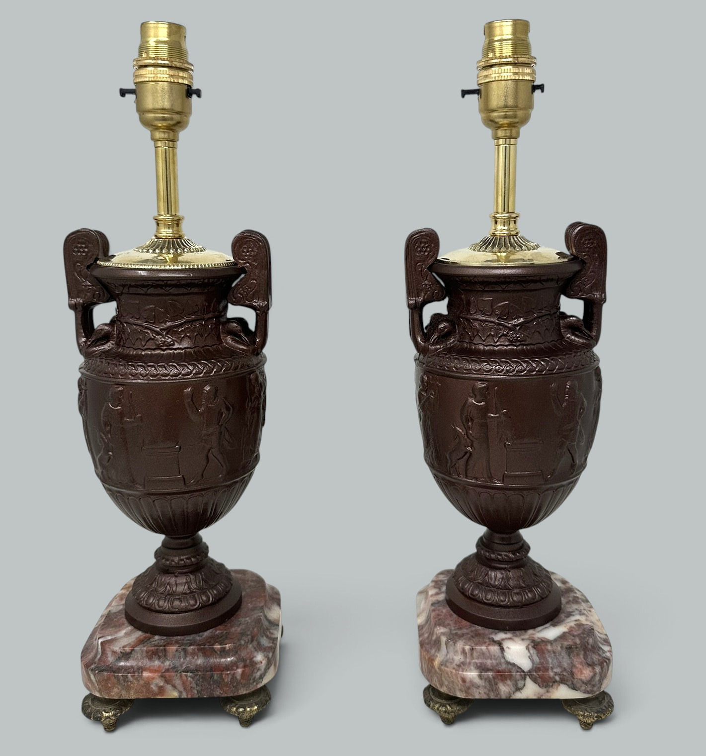 489. Antique Pair French Bronzed Townley Pair Table Lamps Rouge Marble Grand Tour 19C - Image 2