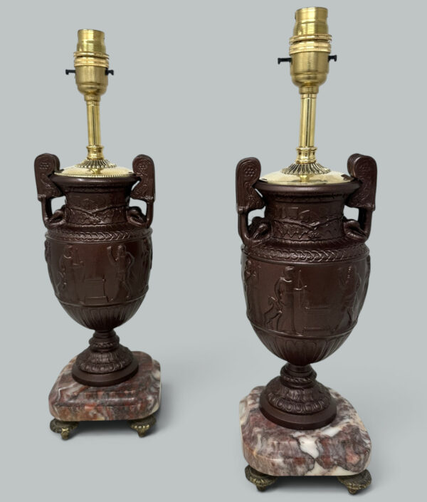 489. Antique Pair French Bronzed Townley Pair Table Lamps Rouge Marble Grand Tour 19C