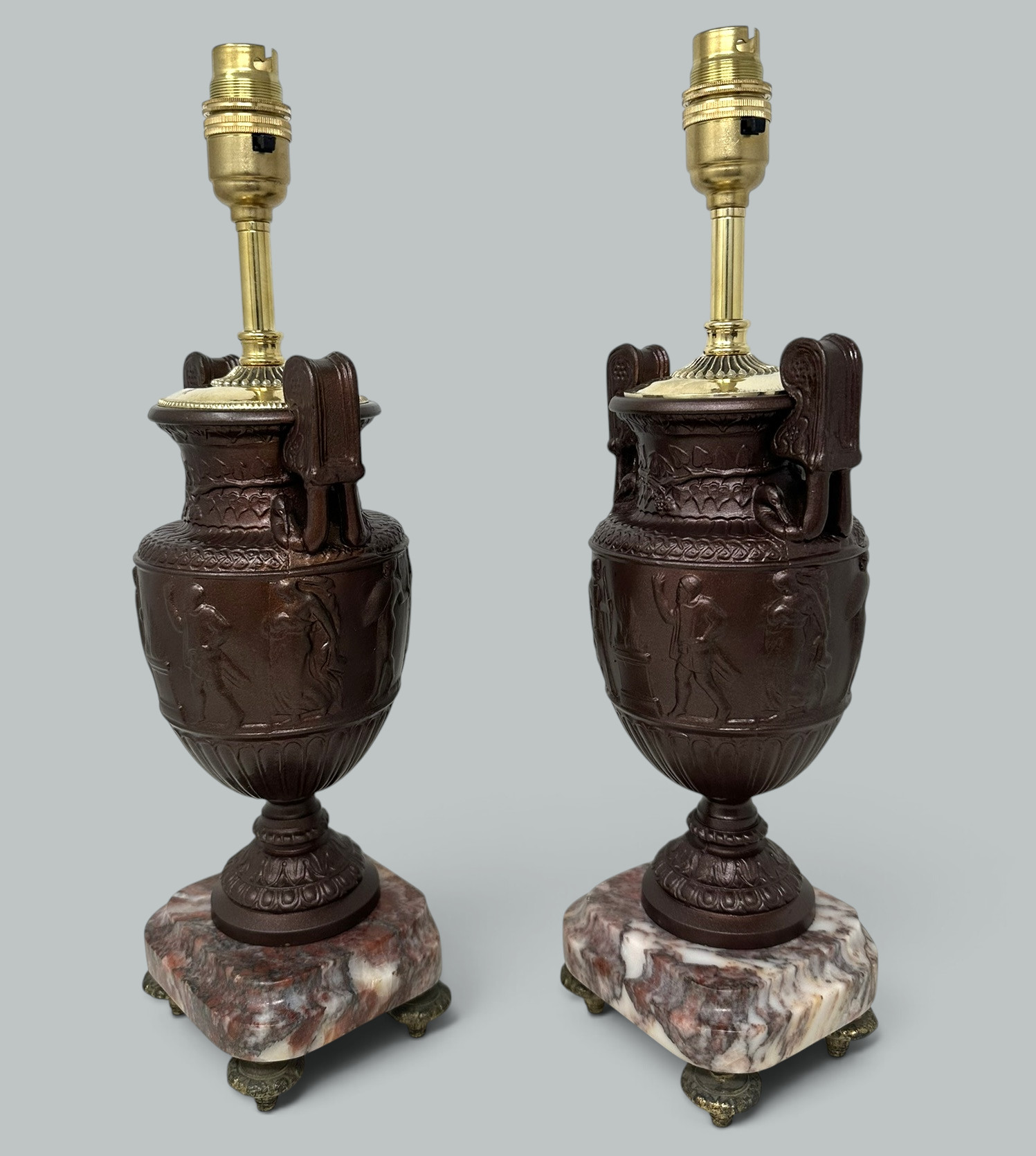 489. Antique Pair French Bronzed Townley Pair Table Lamps Rouge Marble Grand Tour 19C - Image 4