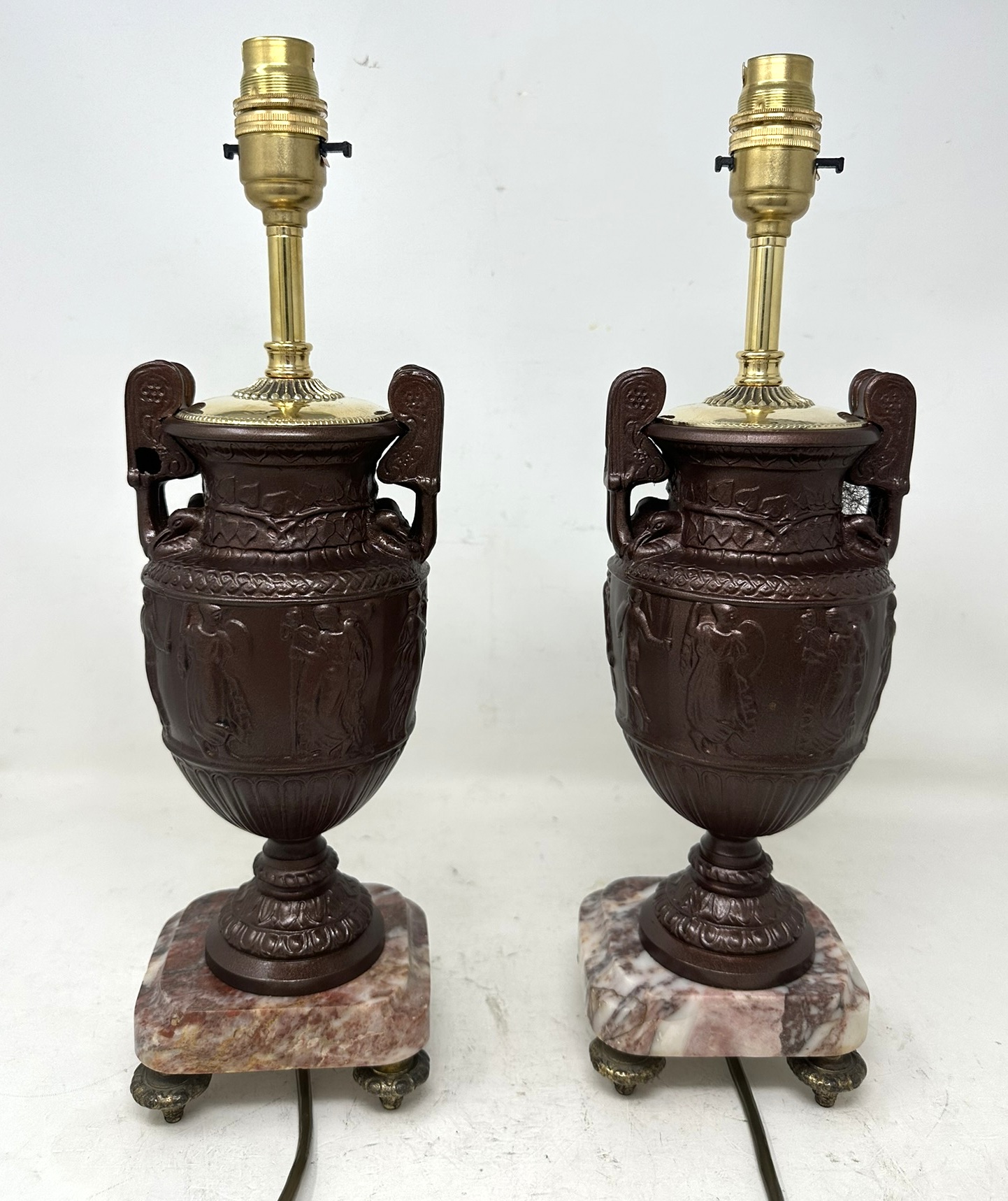 489. Antique Pair French Bronzed Townley Pair Table Lamps Rouge Marble Grand Tour 19C - Image 9
