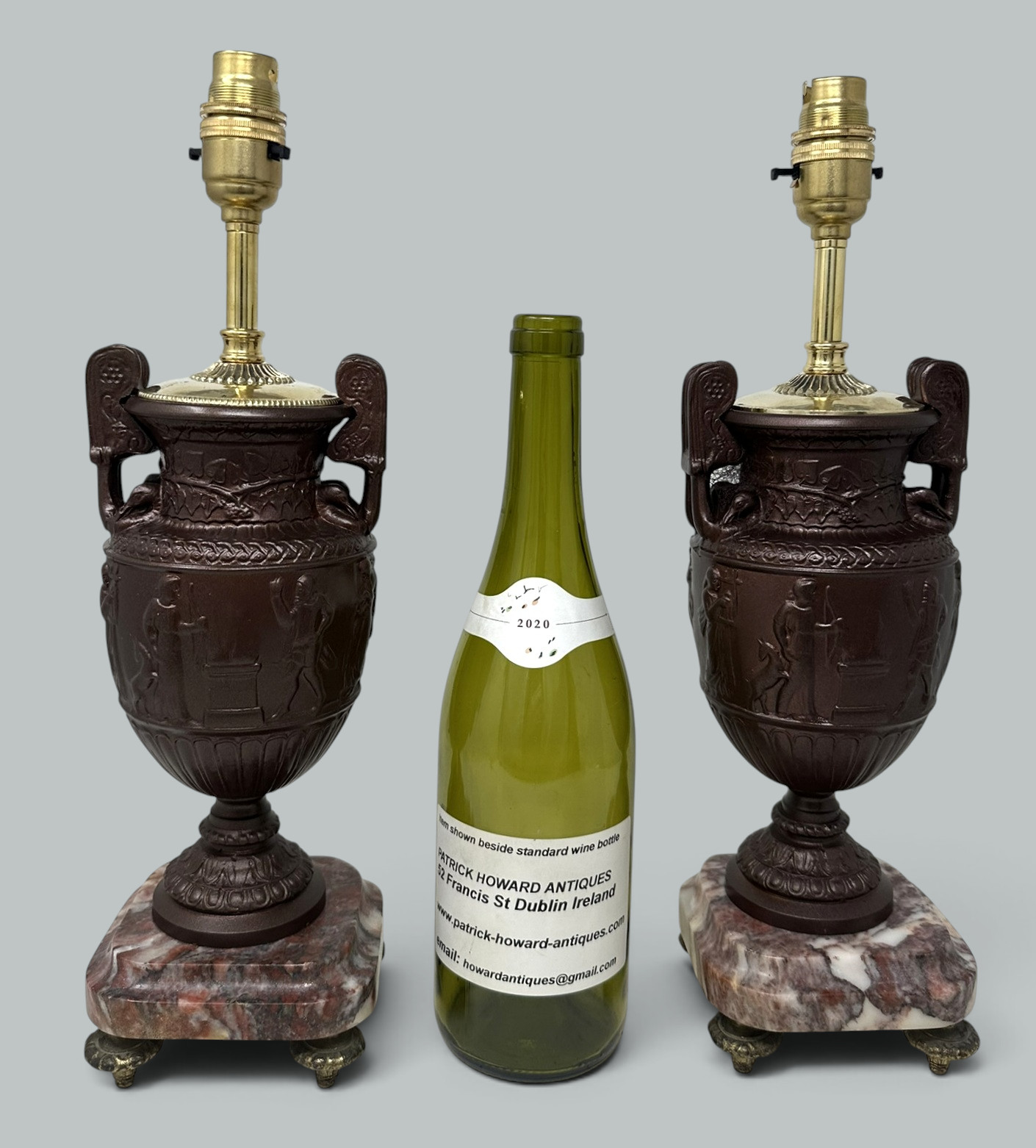 489. Antique Pair French Bronzed Townley Pair Table Lamps Rouge Marble Grand Tour 19C - Image 11
